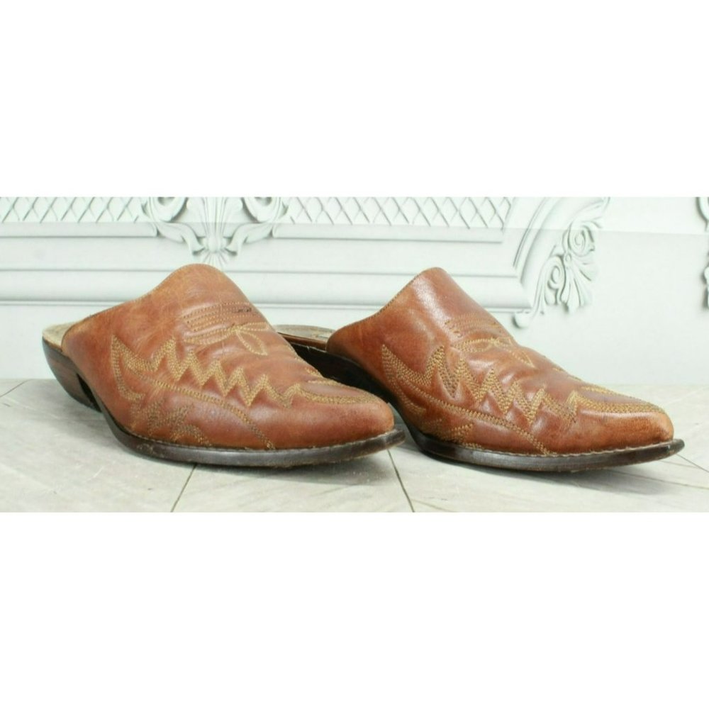 Guess Brown Leather Slip On Pointed Toe Casual Heels Mules Size 6.5 - Picture 3 of 9